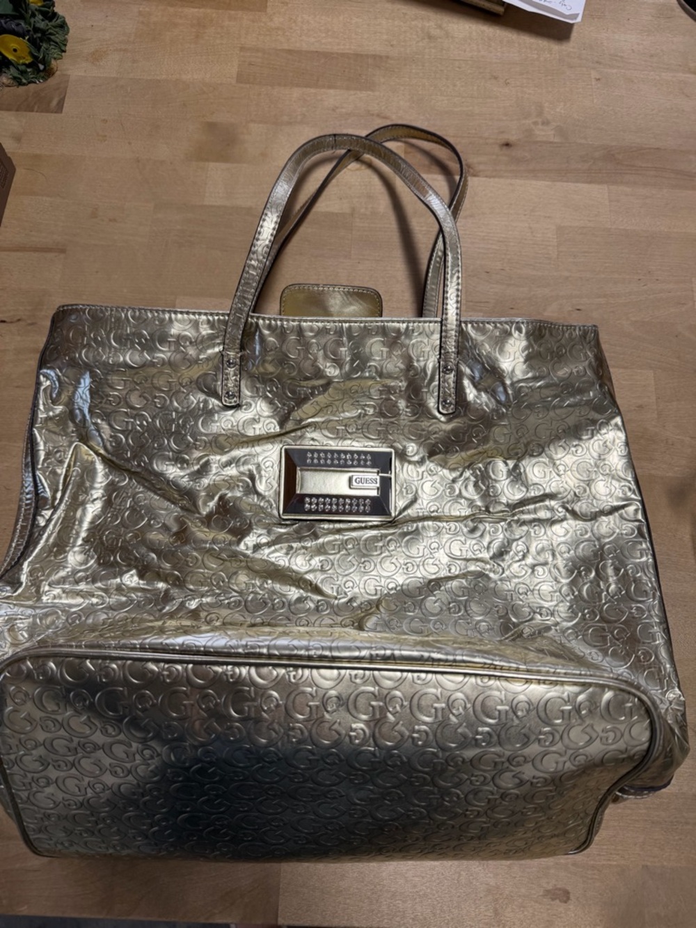GUESS Metallic Gold Embossed Logo Tote